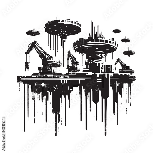 Monochrome depiction of extraterrestrial industrial platforms for resource extraction