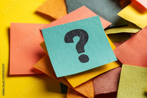 Teal paper note with black question mark on colorful paper background, symbolizing uncertainty, inquiry, or problem-solving