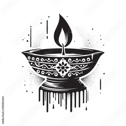 Monochrome decorative diya illustration with intricate detailing and grunge effects