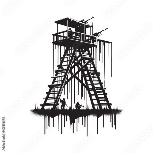 Monochrome depiction of a grunge-style military watchtower with soldiers