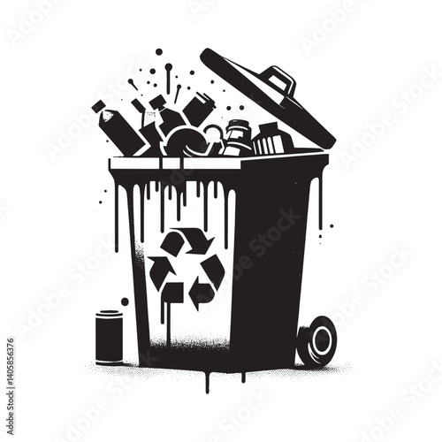 Monochrome depiction of a recycling bin overflowing with various waste items
