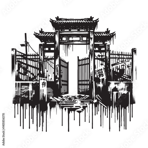Monochrome Distressed Gateway with Drips and Grunge Effects in Cutout Style