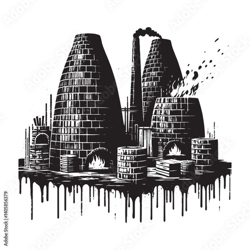 Monochrome depiction of old charcoal kilns with dripping grunge effect vector
