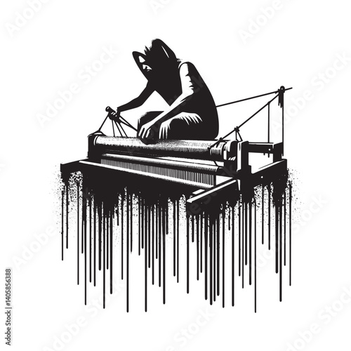 Monochrome depiction of a hooded figure working on an antique weaving machine