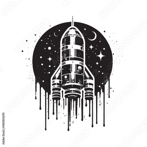 Monochrome cosmic rocket spray paint, drip effect with galaxy background