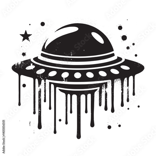 Monochrome Extraterrestrial Craft Illustration with Dripping Spray Paint Effect
