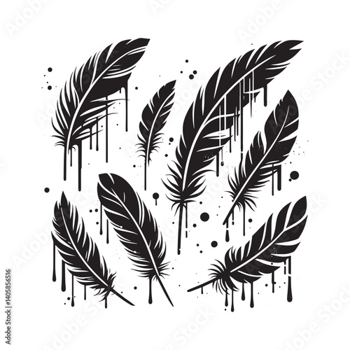 Monochrome feather silhouettes with dripping paint effects on white background