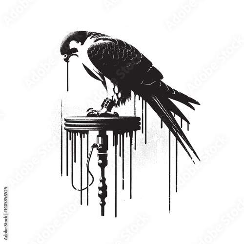 Monochrome Falcon Art on Minimalist Perch with Dripping Spray Effect