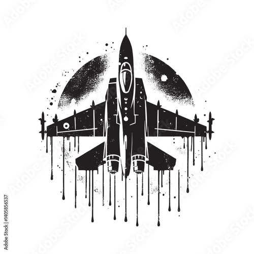 Monochrome fighter jet with dripping paint effect in grungy stencil style