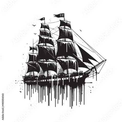 Monochrome Frigate Illustration with Grunge Spray Paint Effect Aesthetic