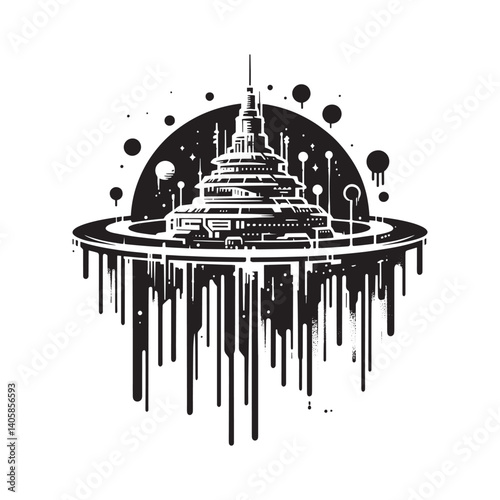 Monochrome futuristic city silhouette with drip design and geometric elements