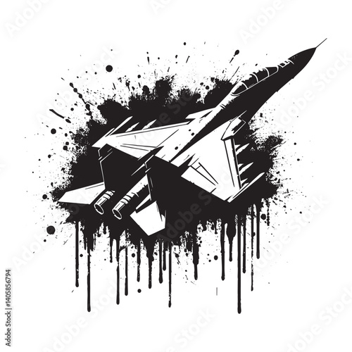 Monochrome illustration of a fighter jet with grunge spray paint effect