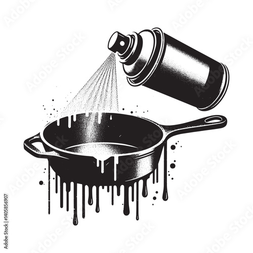Monochrome illustration showcasing spray paint coating a cast iron skillet