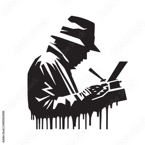 Monochrome image of a writer composing with a typewriter using stencil technique