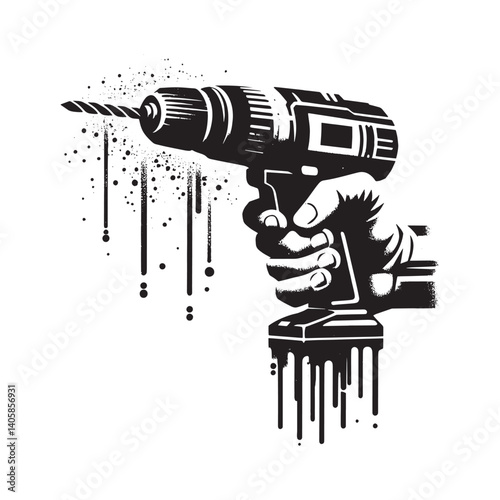 Monochrome illustration of hand holding a power drill with dripping effect