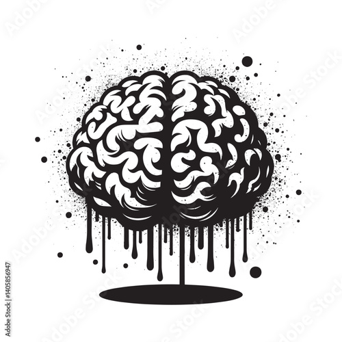 Monochrome illustration showcasing a stylized brain with dripping paint details