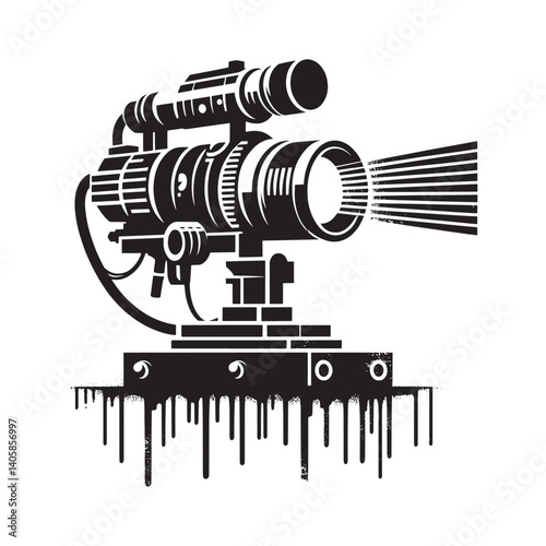 Monochrome laser turret illustration with grunge drip effect vector art