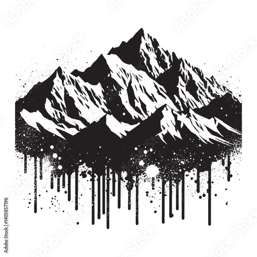 Monochrome majestic mountain range with dripping spray paint effect