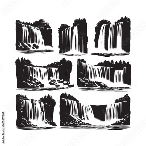 Monochrome minimalist waterfall stencil vector in spray grunge style