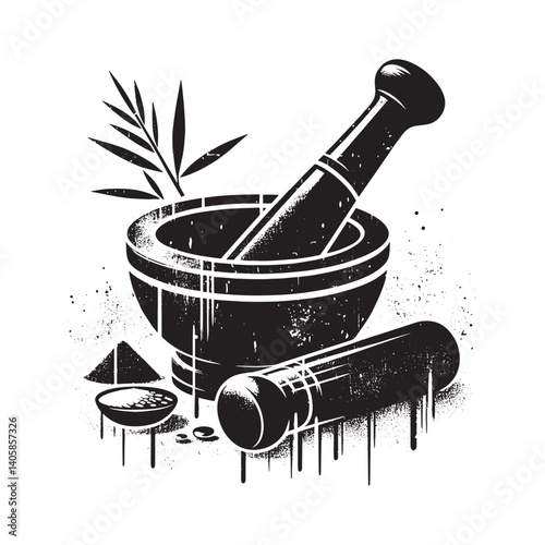 Monochrome mortar and pestle illustration in stencil style with spray elements
