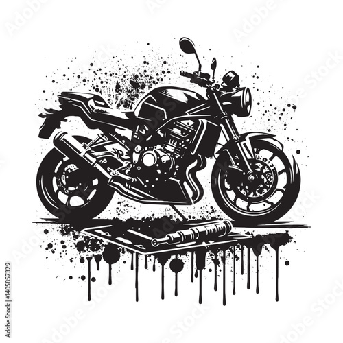 Monochrome motorcycle illustration with a splattered, grungy aesthetic, stylized rendering