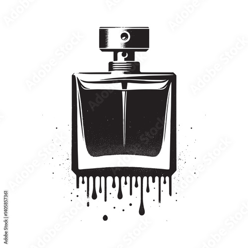 Monochrome perfume bottle illustration in stencil art style with dripping spray effect