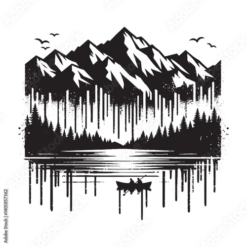 Monochrome mountain scenery vector illustration with grunge effects