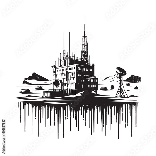 Monochrome polar research station illustration with dripping grunge effect