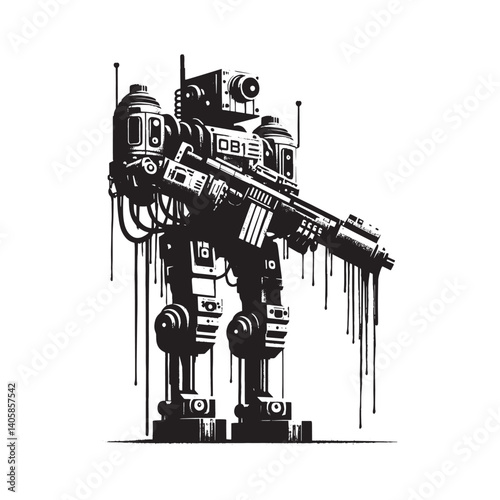 Monochrome Robotic Sentry with Weaponry in Grunge Stencil Style Art