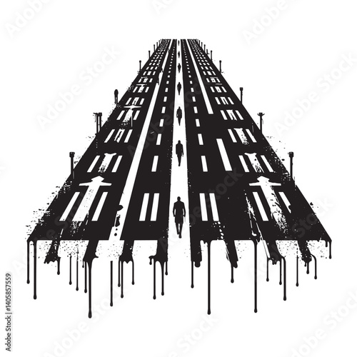 Monochrome runway with figures in urban grunge style illustration art
