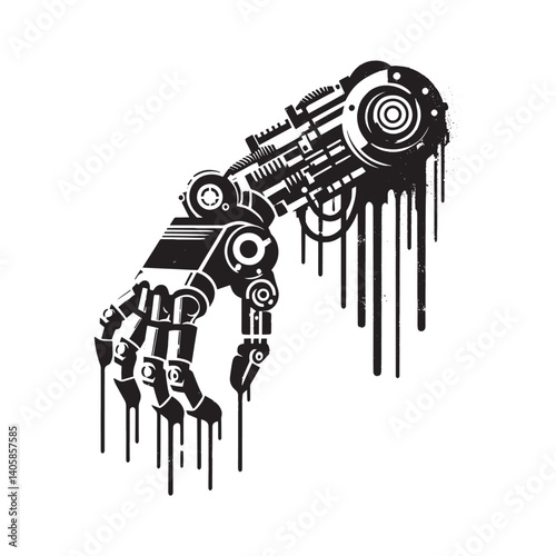 Monochrome robotic limb illustration with dripping grunge effects on white
