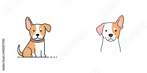 Dog with one ear up in two charming poses on a simplistic background. Set of two vector images