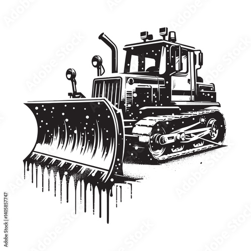 Monochrome Snowplow Illustration with Grungy Stencil Texture and Dripping Effect