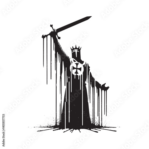 Monochrome silhouette of a crowned warrior wielding a sword in grunge style