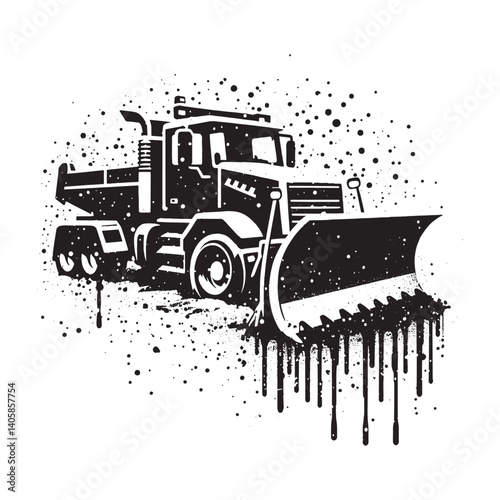 Monochrome snowplow with dripping paint effect in a grungy stencil style