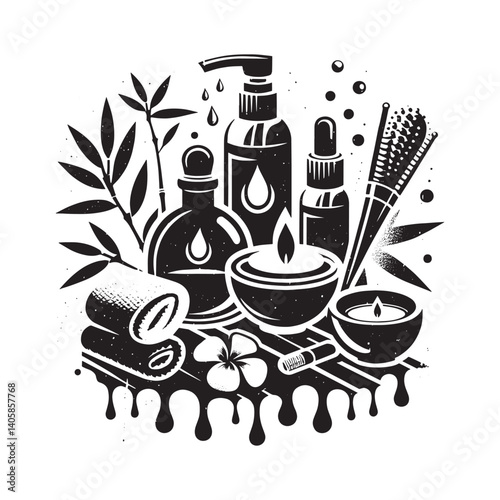 Monochrome Spa Still Life with Essential Oils and Bamboo Decoration