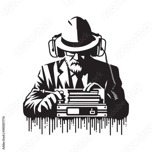 Monochrome seismologist illustration in stencil style with textured details