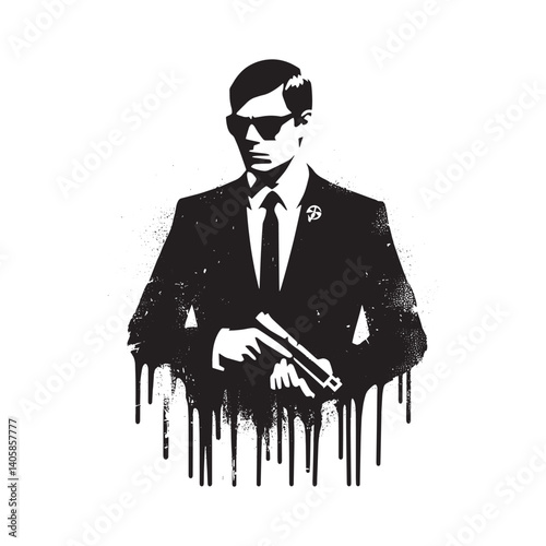 Monochrome Secret Agent Illustration in Stencil Drip Art Style