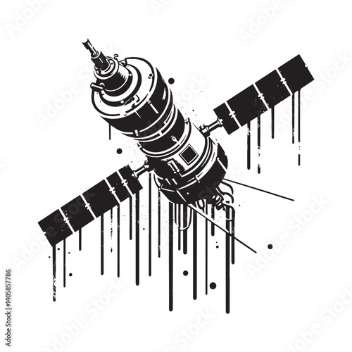 Monochrome space probe with dripping paint effects on a white background