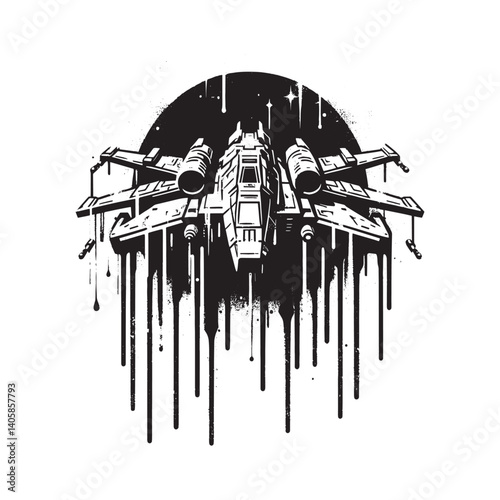 Monochrome space frigate stencil with spray paint drips on isolated white