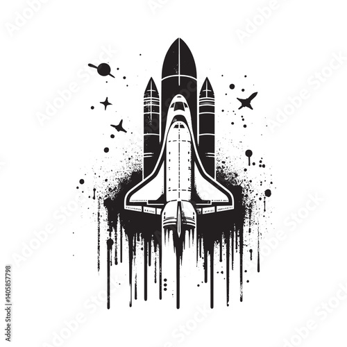 Monochrome Space Shuttle Graphic with Spray Paint Style Drips and Abstract Elements