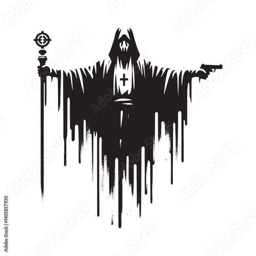 Monochrome stencil depiction of a figure wielding a staff and handgun