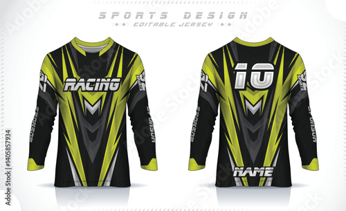 Long sleeve jersey design template, Motocross racing jersey design. Sports uniform front and back view