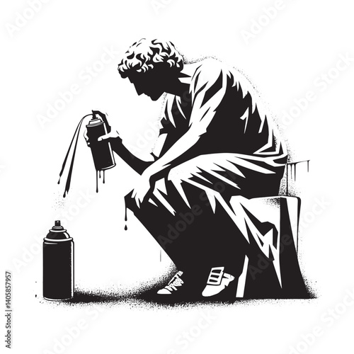 Monochrome stencil art depicting seated figure with spray can and dripping paint