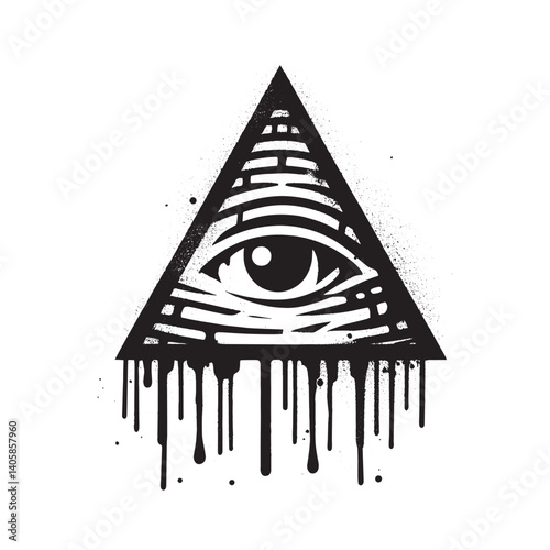 Monochrome stencil of a symbolic eye inside of a dripping pyramid shape