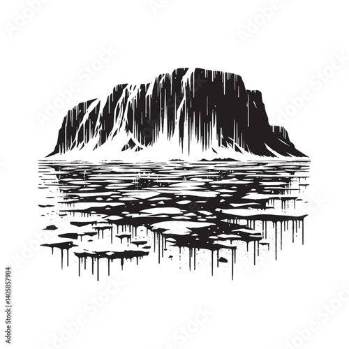 Monochrome stencil of an arctic ice floe and mountain backdrop