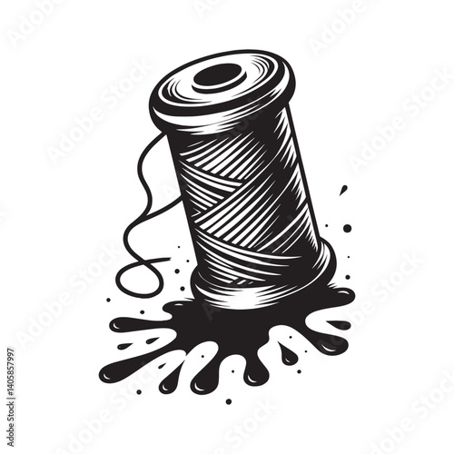 Monochrome stencil thread spool with dripping ink blot illustration
