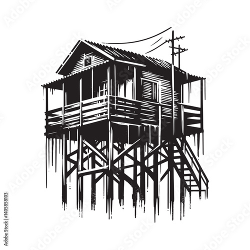 Monochrome stilt house with drip effect, rustic architecture illustration