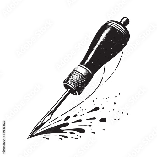 Monochrome stitching awl illustration with grunge textures and liquid drip