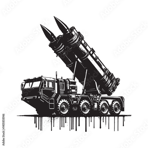Monochrome stylized military missile system illustration with grunge details